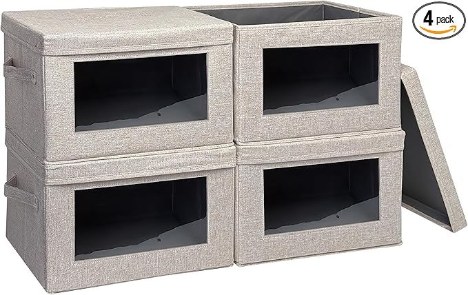 4-Pack Fabric Storage Bins with Lids, Foldable Storage Boxes with Handles & Clear Window, Closet Organizers for Clothes, Books (Oatmeal, 4PCS/14.9 x 9.8 x 9.8 in)-NeatNest