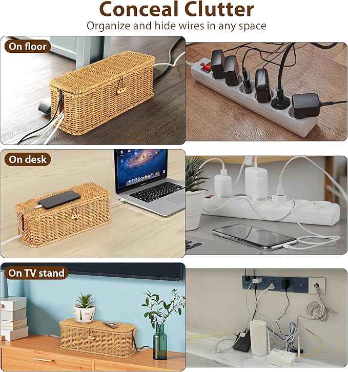 Cable Management Box, Handwoven Faux Rattan Cord Organizer Box with Lid, 2 Open Slots Cable Organizer Box, Decorative Cord Hider Box for Tv Computer USB Hub & Power Strip Holder Box