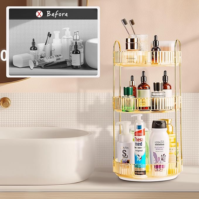 360 Rotating Makeup Organizer - Large Capacity Spinning Perfume & Cosmetic Skincare Holder for Vanity & Countertop (Vibrant Orange, 3 Tier)-NeatNest