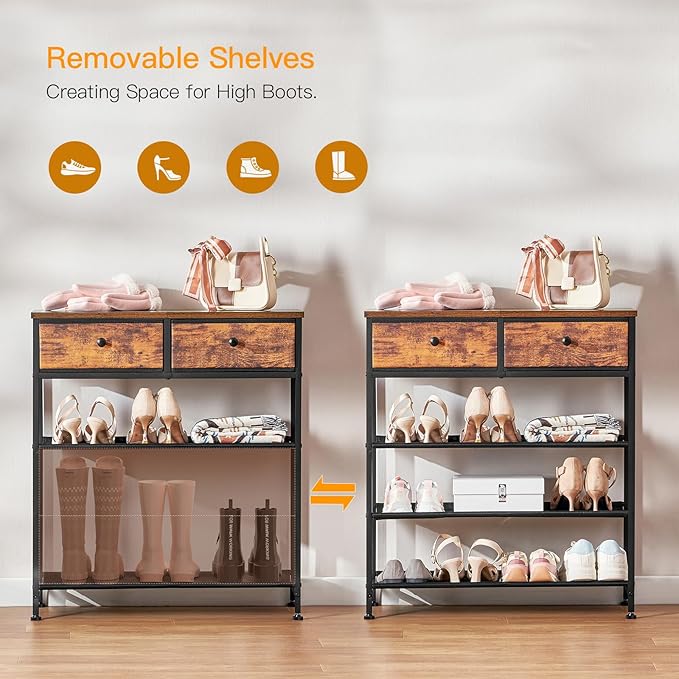 usikey Shoe Rack, 4 Tier Shoe Storage Organizer with 2 Drawers, Metal Shoe Shelf for 9-12 Pairs of Shoes, with 3 Fabric Shelves and Wooden Top, Shoe Stand for Closet Entryway, Rustic Brown-NeatNest