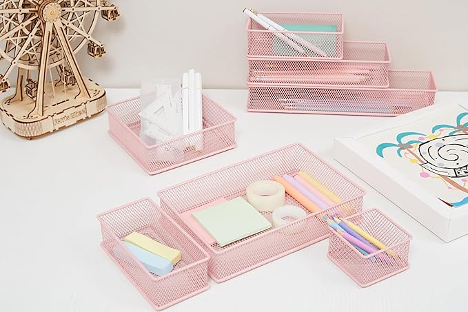 Annova Mesh Stackable Drawer Cabinet and Shelf Organizer Bins Storage Basket School Office Supply Holder Tray- Set of 2 (Light Pink, 3x12x2 Inch)-NeatNest