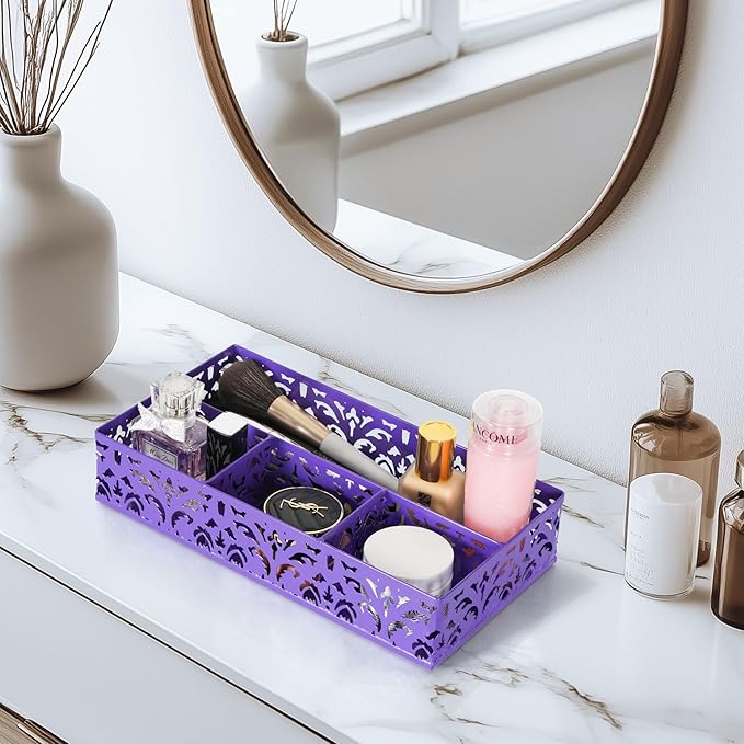 EasyPAG Desk Drawer Organizer with 4 Compartments, Carved Hollow Floral Metal Tray for Office, Jewelry, Cosmetics - No Assembly, Purple-NeatNest