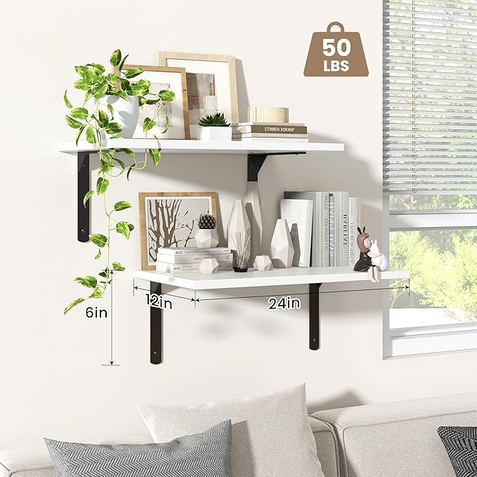 Fun Memories Floating Shelves for Wall, 12 Inch Deep Floating Shelves Set of 2, Wall Mounted Shelf with Metal Brackets, Rustic Wood Wide Shelf for Bathroom, Kitchen and Living Room, White, 24W x 12D-NeatNest