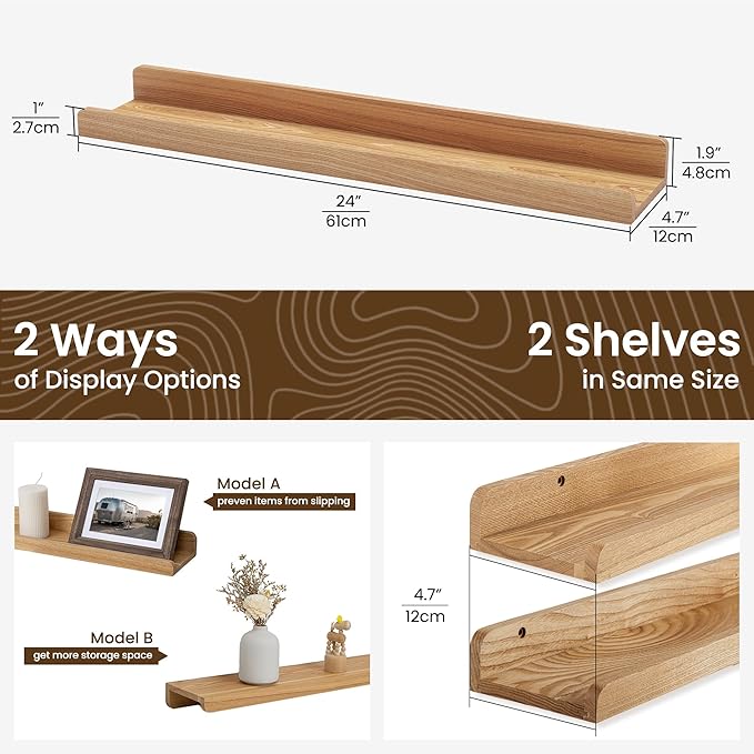 Floating Shelves for Wall | Picture Ledge Shelf Set of 2 | 24 Inch Solid Ash Wood Floating Shelves with Lip | Natural Wood Picture Shelf for Wall with Ledge | Photo Ledge Shelves-NeatNest