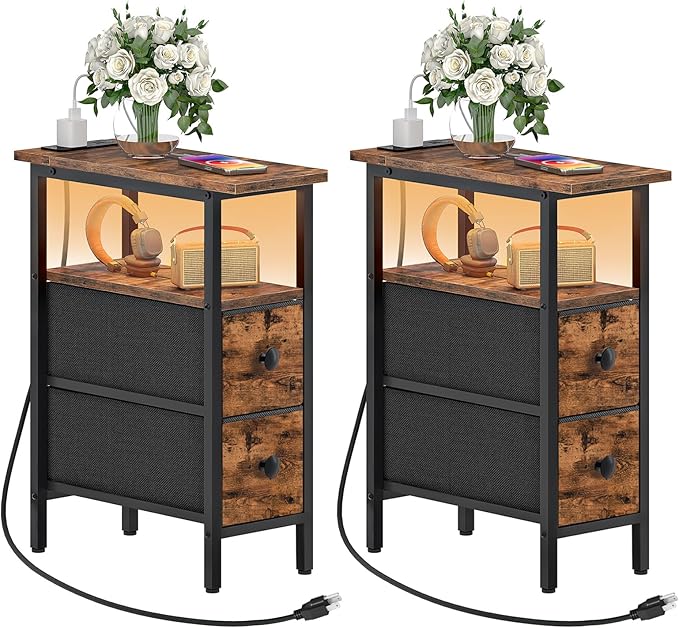 HOOBRO Narrow Side Table Set 2 with LED Light and USB C Port, Night Stand with Charging Station, Skinny End Table with 2 Fabric Drawers, for Bedroom, Living Room, Rustic Brown and Black BF487UDBZP201