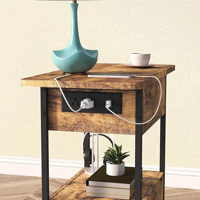 SOOWERY End Table with Charging Station, Narrow Side Table with Flip Top Cabinet and Fabric Drawer, Nightstand Bedside Tables for Small Spaces, Bedroom, Living Room, Rustic Brown