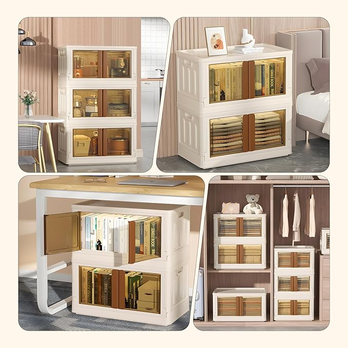 FAHKNS 3 Pack 8.4 Gallon Collapsible Storage Boxes, Lidded Storage Box with Door and Wheels for Books, Towels and Clothes, Folding Storage Box for Home