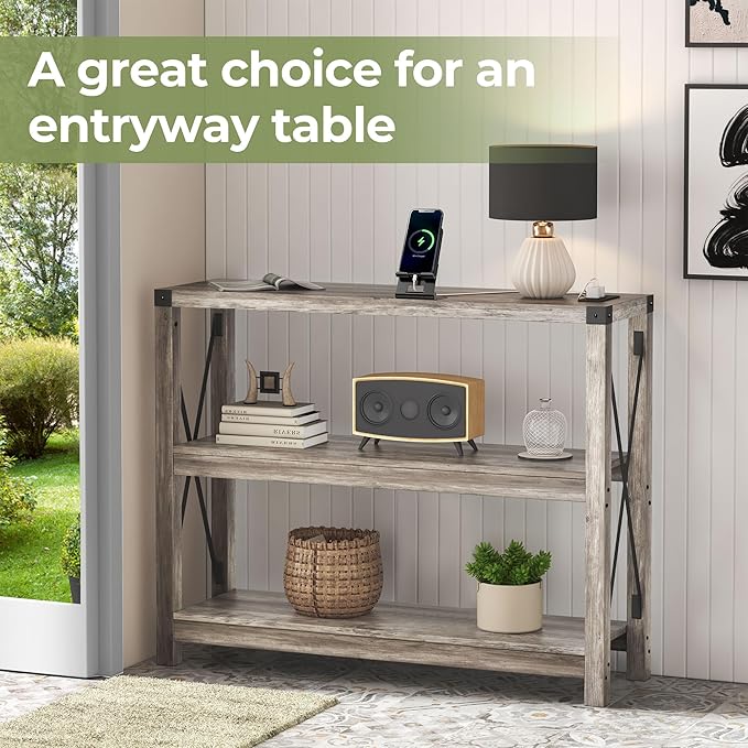 47.2" Entryway Table with Outlets and USB Ports, Console Table with 3-Tier Open Storage Shelves, Wooden Sofa Table with Metal X-Shaped Design for Living Room/Couch/Hallway/Foyer (Wash Gray)-NeatNest
