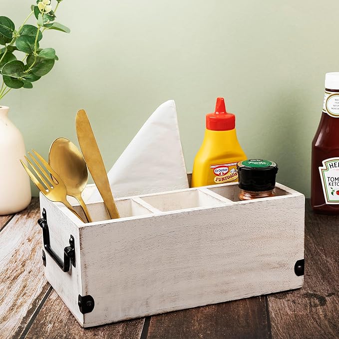 GoCraft 4-Compartment Flatware Caddy – Wooden Cutlery Holder with Napkin Holder, Silverware & Condiment Organizer, White Washed Mango Wood with Metal Handles, Perfect for Kitchen, Dining, and Picnics