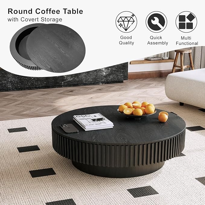 39'' Round Coffee Table with Storage, Modern Wooden Coffee Table with Solid Wood Veneered, Circle Center Table Accent Tea Table for Living Room Apartment Black