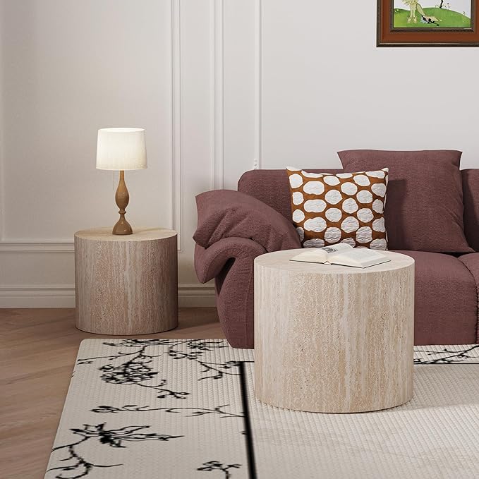 Round Coffee Table Set of 2 Modern Nesting Coffee Tables Wooden Drum Coffee Tables with Non-Slip Feet, Circle Nesting Tables End Table for Living Room Office, No Assembly (Travertine 18.11"+14.57")