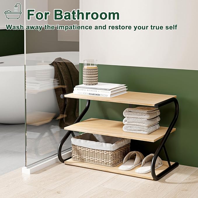 Shoe Rack, Z-Frame Wooden 3-Tier Shelf with Durable Metal Shelves, Shoe Organizer for High Heels, Hallway, Living Room, Closet, Bedroom (Natural Wood)-NeatNest