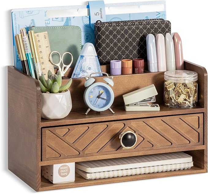 Brown Wood Desk Organizer and Accessories with Drawer, Bill Mail Organizer and File Mail Holder for Office Supplies, Desk Accessories & Workspace Organizers-NeatNest