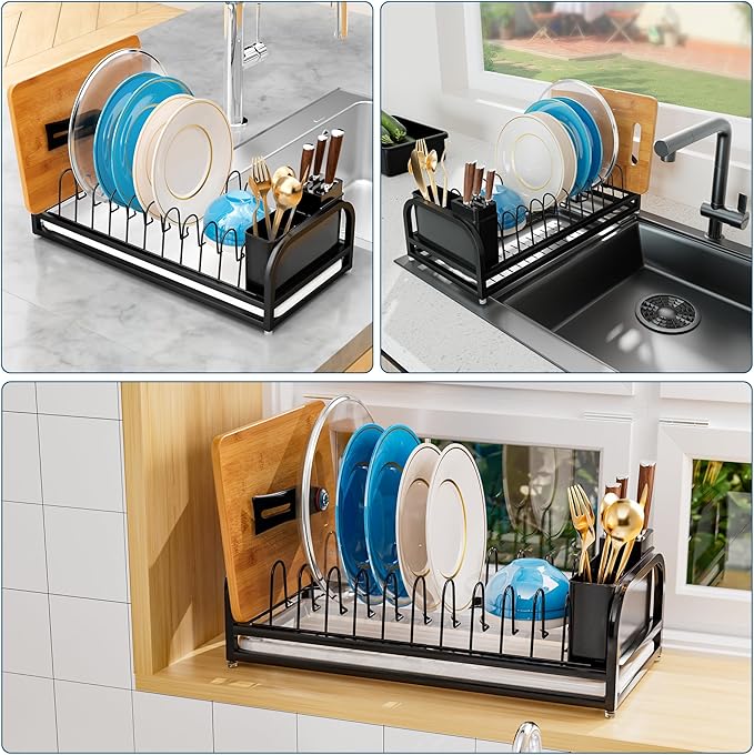 Dish Drying Rack Small for Kitchen Counter, 304 Stainless Steel Kitchen Organizer Rack w Cutlery Holder, Dish Drainer for Pots & Pans, Cutting Boards, Plates, Serving Trays & Lids (Black)