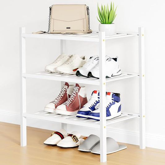 Smiry Shoe Rack, 3 Tier Small Bamboo Shoe Organizer, Stackable Free Standing Wooden Shoe Storage Shelf for Closet, Entryway, Front Door Entrance, White-NeatNest