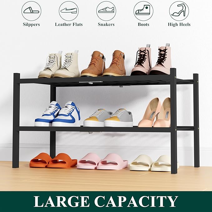 Smiry Shoe Rack, 2 Tier Thick Bamboo Shoe Organizer, Stackable Free Standing Wooden Shoe Storage Shelf for Closet, Entryway, Front Door Entrance, Black-NeatNest