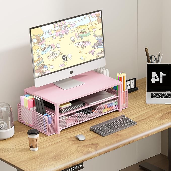 Desk Organizer and Accessories, 2-Tier Computer Monitor Stand Riser with Drawer and 2 Pen Holders, Laptop Stand, Office Desk Accessories for Office Supplies, Pink