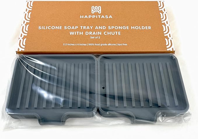 Happitasa Silicone Soap Dish Tray and Sponge Holder with Drain Chute, Pack of 2 | Bathroom and Kitchen Sink Organizer Caddy (Grey, 5.2"x4", 7.2 Ounces)-NeatNest