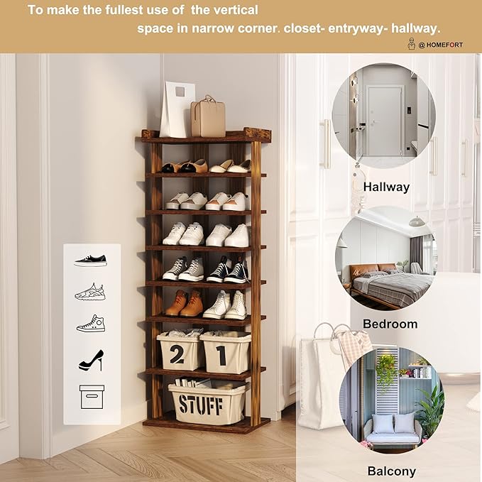 HOMEFORT 7-Tier Wood Shoe Rack, Double Rows Shoe Shelf, Shoe Storage Stand, Entryway Shoe Tower, Vertical Shoe Organizer for Narrow Closet, Entryway, Hallway, Rustic Brown-NeatNest