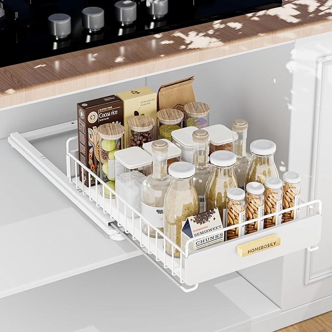 Under Sink Organizer, Kitchen Pull Out Cabinet Organizer, Mute Slide Out Metal Under Sink Organizers and Storage Shelves for Kitchen Bathroom Laundry Cabinet Pantry, White-NeatNest