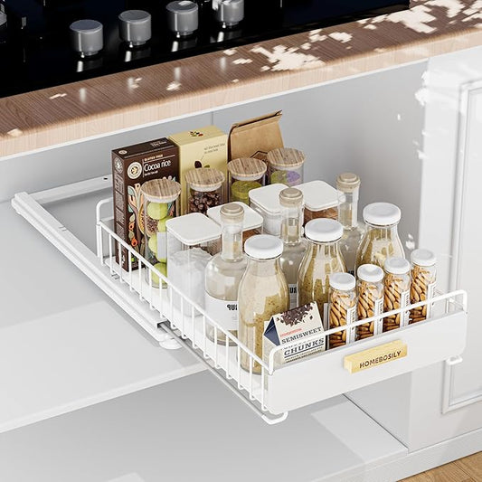 Under Sink Organizer, Kitchen Pull Out Cabinet Organizer, Mute Slide Out Metal Under Sink Organizers and Storage Shelves for Kitchen Bathroom Laundry Cabinet Pantry, White-NeatNest