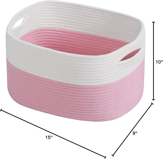 Cotton Rope Shelf Storage Basket, 15x10x9 in, Shelf Storage Baskets for Clothes, Toys, Towels, Books, Laundry (White/ Pink, 1 Pack)-NeatNest