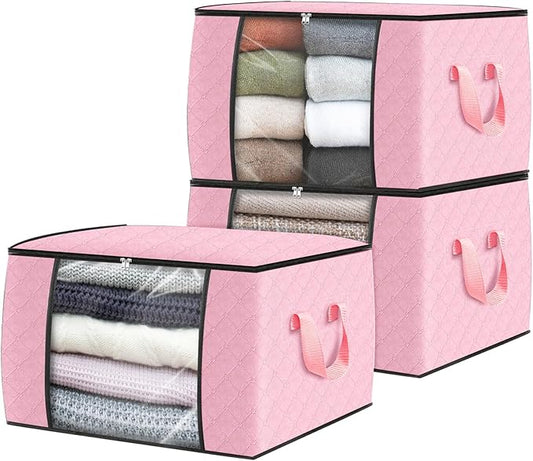 Fab totes 3 Pack Clothes Storage, Foldable Thick Fabric Blanket Storage Bags, Containers for Organizing Bedroom, Closet, Clothing, Comforter,Organization with Handle,Pink-NeatNest