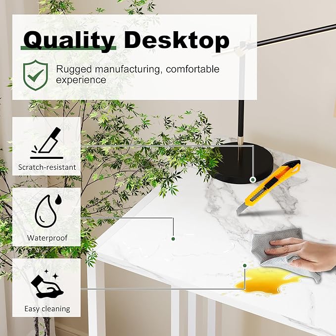 35 inch Folding Small Desk, Writing Gaming Computer Camping Desk for Small Spaces, No Assembly Required Home Office Table, White Marble-NeatNest
