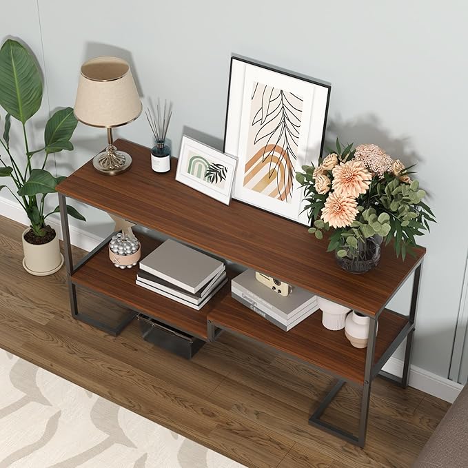 Console Table, 3-Tier Industrial Entryway Table, 53”L Entrance Sofa Table with Shelves, Hallway, Living Room, Foyer, Corridor, Office, Brown and Black-NeatNest