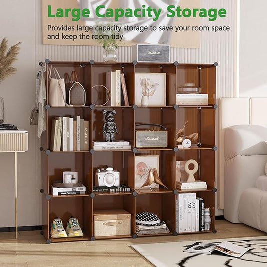 C&AHOME 16-Cube Storage Organizer, Plastic Shelves Units, DIY Closet Organizer, Modular Shelves Ideal for Home, Bedroom, 48.4" L 12.4" W 48.4" H Brown UPCS16C-NeatNest