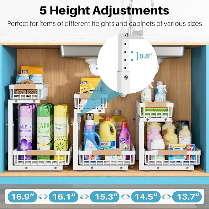 1 Packs Under Sink Organizer,Small Shelf for narrow spaces,2 Tiers Pull Out Under Cabinet Organizer,Adjustable Height,Slide Out Thickened Metal Under White-NeatNest