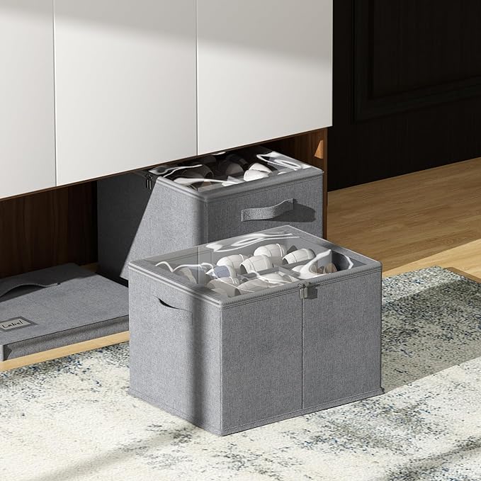 2 Pack Shoe Organizer for Closet - Shoe Storage Bins with Clear Cover, Fabric Shoe Storage Containers with Reinforced Handles, Fits up to 24 Pairs (Grey, 16.5 * 12.6 * 12.2in)-NeatNest