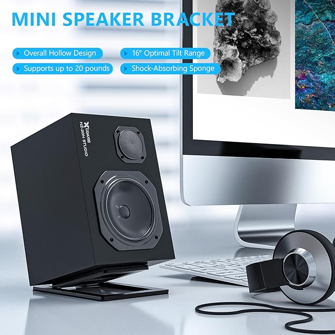 C-1 Desktop Speaker Stands for Small Speakers，Tilted Tabletop Steel Computer Speaker Stands(Pair)，L15.2 x W11.4 x H3.8 Centimetres (Black)-NeatNest