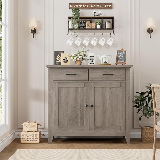 HORSTORS Kitchen Storage Cabinet, Modern Farmhouse Buffet Cabinet with Storage, Coffee Bar with 2 Drawers and 2 Doors, Floor Sideboard Buffet for Living Room, Dining Room, Bathroom, Grey