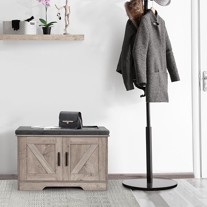 2-Tier Storage Bench, Shoe Bench with Padded Seat Cushion, Entryway Bench with 2 Barn Doors, Adjustable Shelf, 13.8" D x 27.6" W x 17.7" H, for Entryway, Living Room, Bedroom, Greige-NeatNest