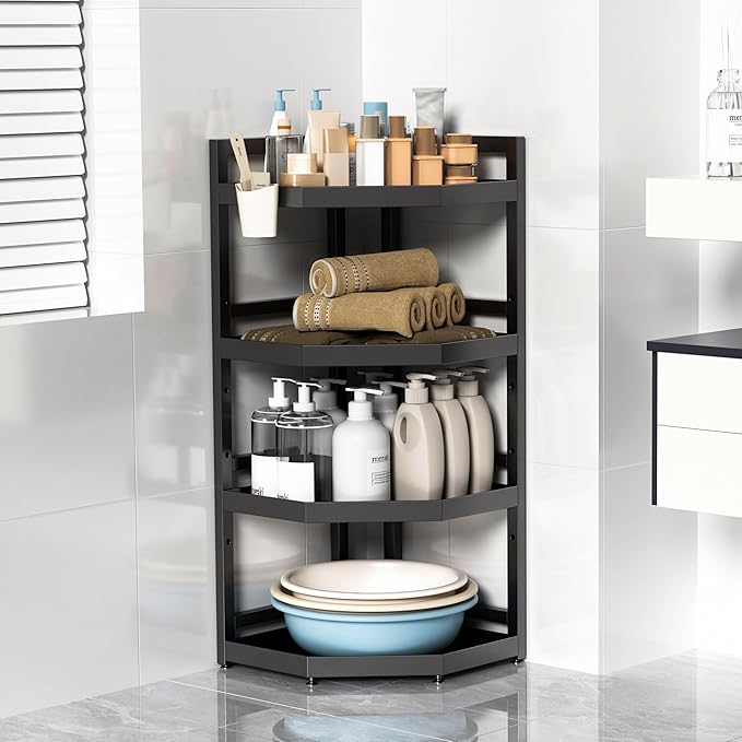 4 Tier Standing Corner Shower Caddy,Waterproof and Rust Proof,Adjustable Height,Multi-functional Tiered Storage for Shower Gel,Shampoo,Cosmetics,Kitchen Supplies,Black