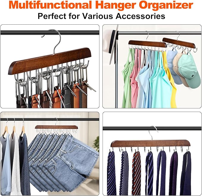 Bra and Tank Top Closet Organizer Hangers, 2-Pack with 14 Hooks, Foldable Wooden Space-Saving Hanger, 360° Rotating Closet Organizer for Bras, Tank Tops, Scarves, and More (Brown)-NeatNest