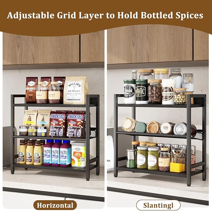 IBUYKE 3-Tier Spice Rack Industrial Counter Shelf Desktop Storage Organizer Standing Seasoning Rack for Countertop Kitchen Office Living Room Desktop Black UTLJ021B-NeatNest