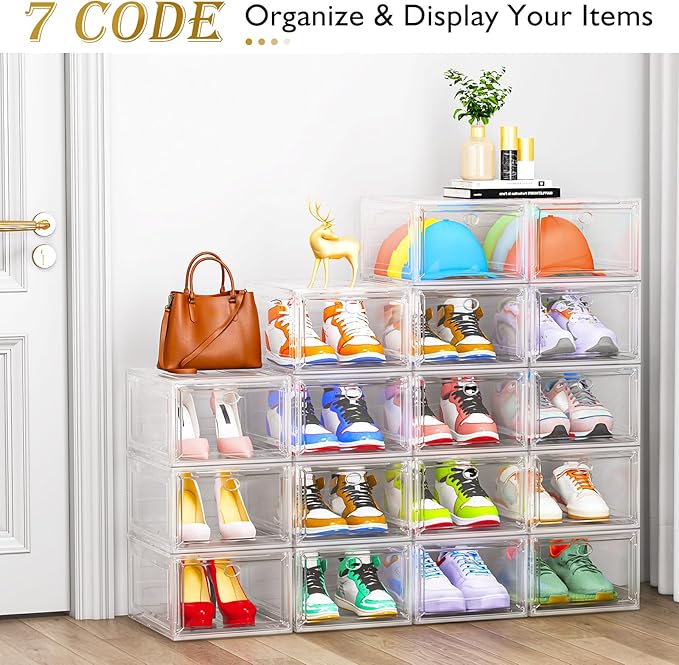 12 Pack Clear Shoe Storage Organizer with Magnetic Door,Stackable Plastic Shoe Boxes for Sneakers,Boots,and Heels,Space-Saving Foldable Shoe Rack for Closet,Durable Shoe Cabinet Organizer,White-NeatNest