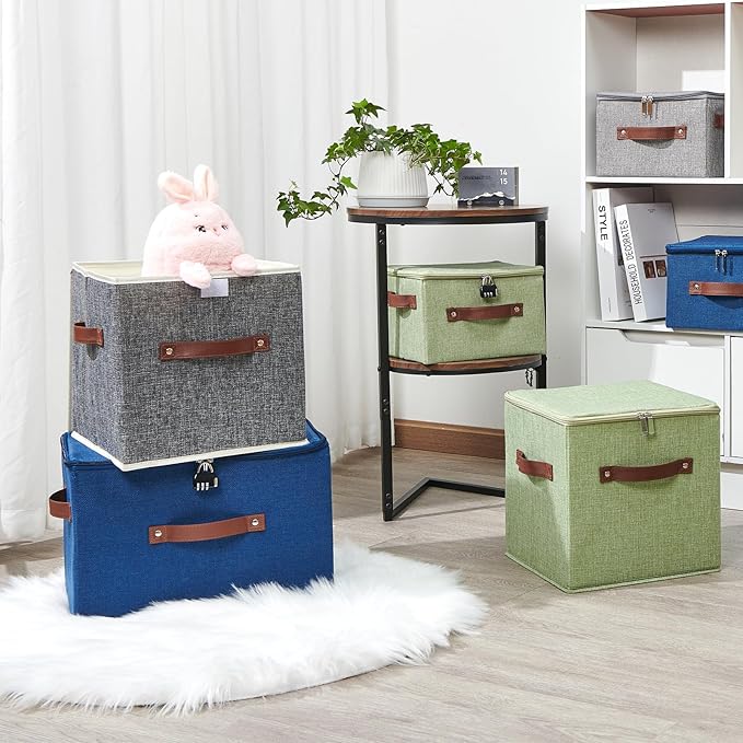 2PCS Storage Cubes with Lid Fabric Storage Bins Boxes PU Leather Handles Cotton Linen Closet Organizer Container Decorative Foldable Washable Shelf Cloth Basket (Flip-top Lid, Green, 11in)-NeatNest