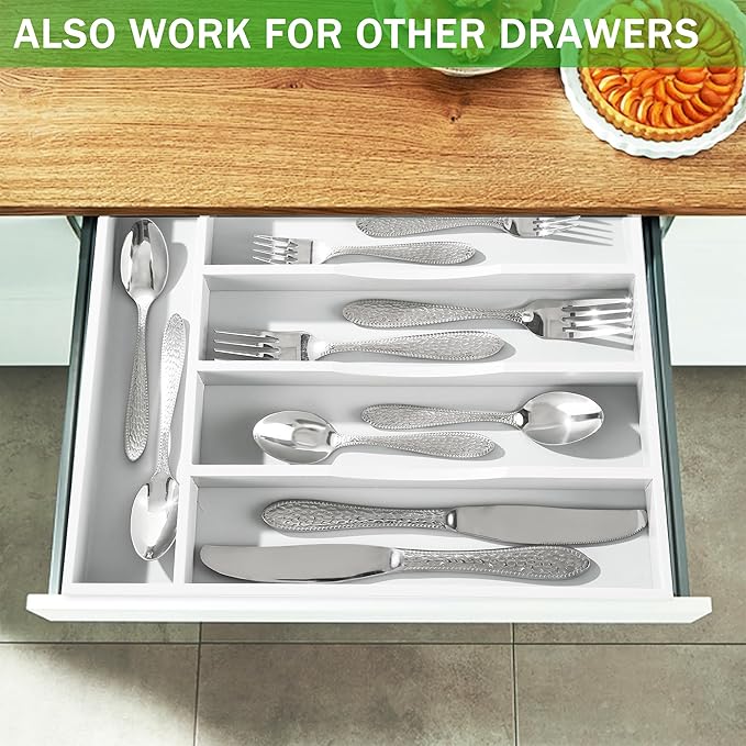 Greenual White Silverware Organizer 10 In Utensil Organizer Silverware Tray for Drawer Cutlery Flatware Organizer for Kitchen Bamboo Wood-NeatNest