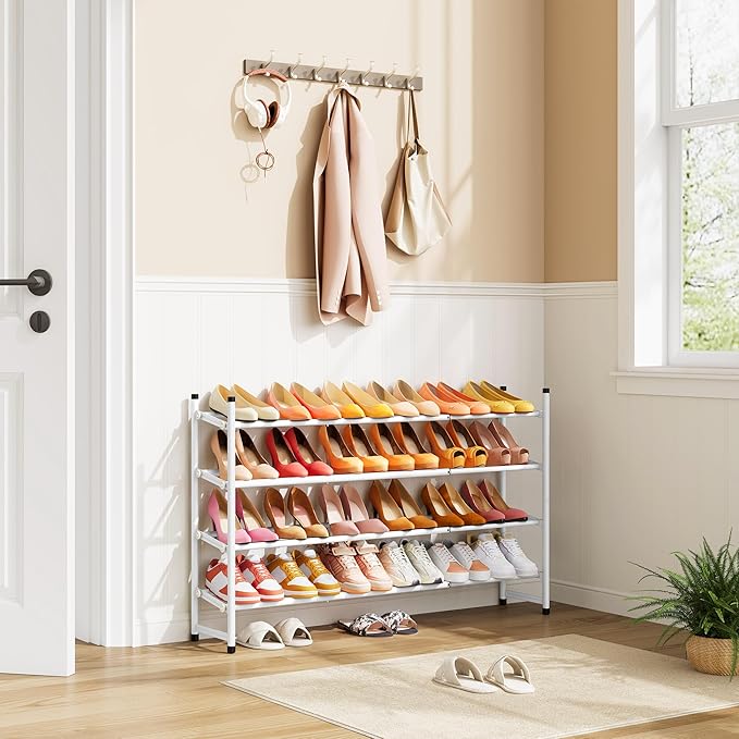 Tajsoon Expandable Shoe Rack for Closet 4 Tier, 29“-41“Adjustable & Stackable Shoe Shelf Storage, Metal Shoe Rack Organizer for Front Door Entrance, Closet, Garage, Entryway, White-NeatNest