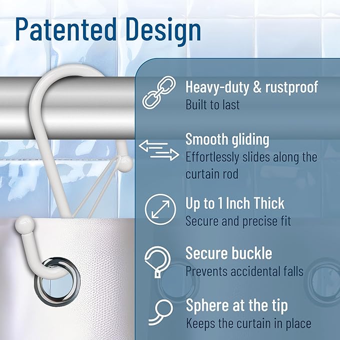 12 Decorative Metal Shower Curtain Hooks, S-Shaped Hooks with Anti-Fall System, Rust-Proof Shower Rings with Safety Buckle, Fits Rods Up to 1-Inch Diameter (S, White)-NeatNest