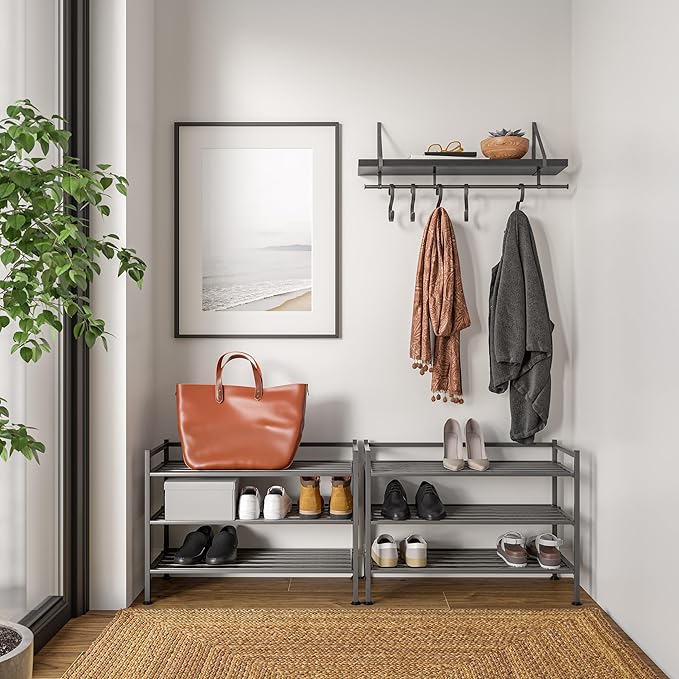 Seville Classics Sturdy Freestanding Storage Shelf for Bedroom, Closet, Entryway, Dorm Room Organizer Stackable Durable Metal Shoe Rack Ash Gray Slat, 3-Tier-NeatNest