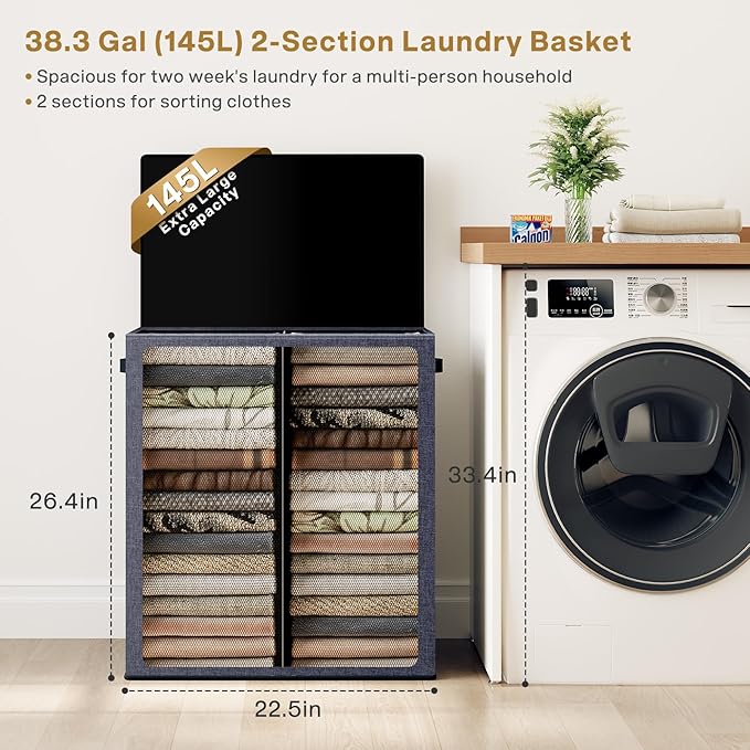 SOLEDI Large Double Laundry Hamper with Lid, Collapsible Clothes Hamper 2 section with Removable Bags, Space-Saving Laundry Basket for Bedroom, Dorm, College-NeatNest