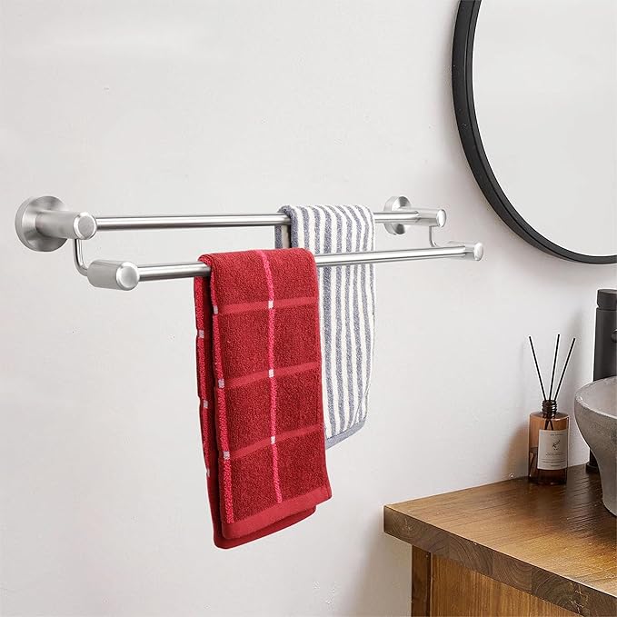 TocTen Double Bath Towel Bar - Thicken SUS304 Stainless Steel Towel Rack for Bathroom, Bathroom Accessories Double Towel Rod Heavy Duty Wall Mounted Towel Holder (Brushed,24IN)