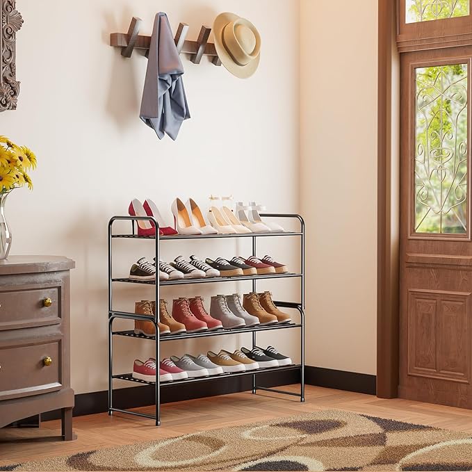 SUFAUY 2-Tier 33" Wide Shoe Rack, Closet Metal Shoe Rack Organizer Heavy Duty, Stackable, Black