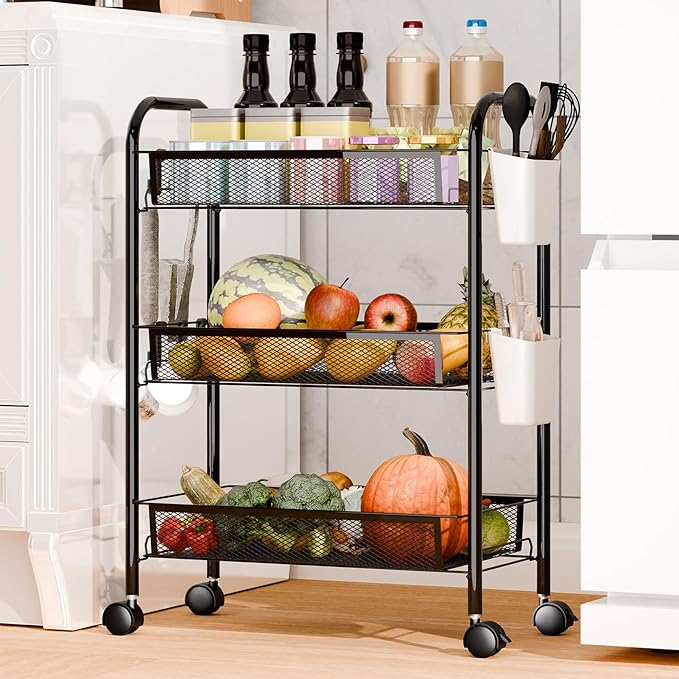 3/4/5 Tier Fruit Vegetable Basket, Stackable Metal Mesh Storage Basket with 360 Degree Wheels, Fruit Vegetable Produce Basket Storage Organizer for Kitchen, Pantry, Bathroom Black 3-Layers