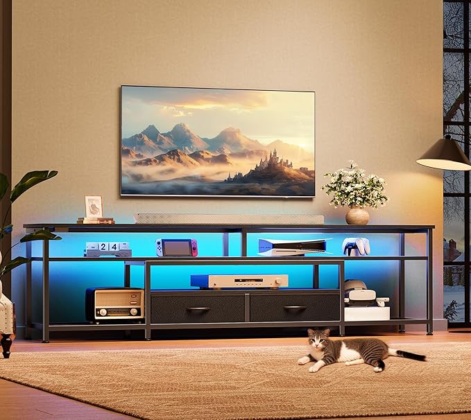 Huuger TV Stand for 75 80 Inch TV, Entertainment Center with Power Outlets and LED Lights, 70.9 Inch TV Console for Living Room, Media Console with Drawers and Shelves, Black-NeatNest
