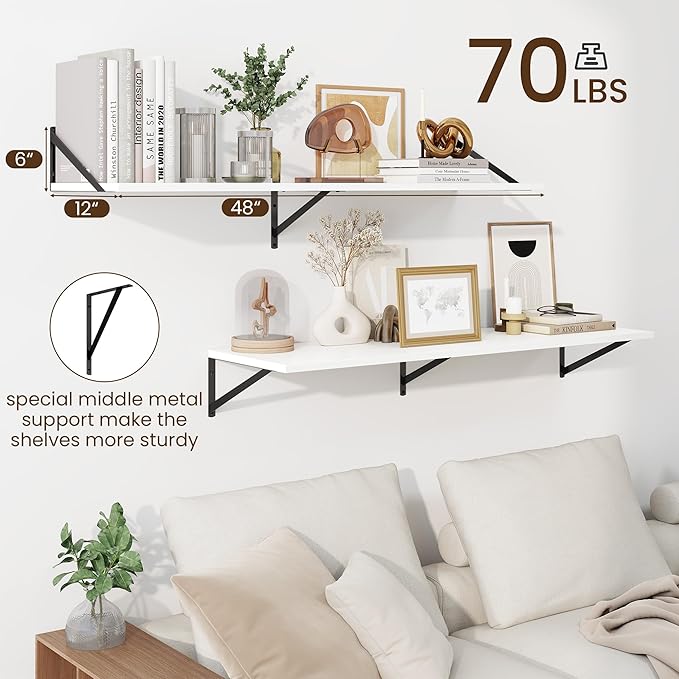 Fun Memories Floating Shelves for Wall, 12 Inch Deep Floating Shelves Set of 2, 48W x 12D Large Wall Shelf with Sturdy Metal Brackets for Living Room, Bathroom, Bedroom and Kitchen, White-NeatNest